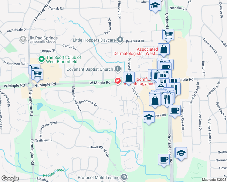 map of restaurants, bars, coffee shops, grocery stores, and more near West Maple Road in Oakland County