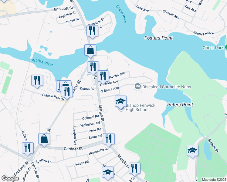 map of restaurants, bars, coffee shops, grocery stores, and more near 16 Margin Terrace in Peabody