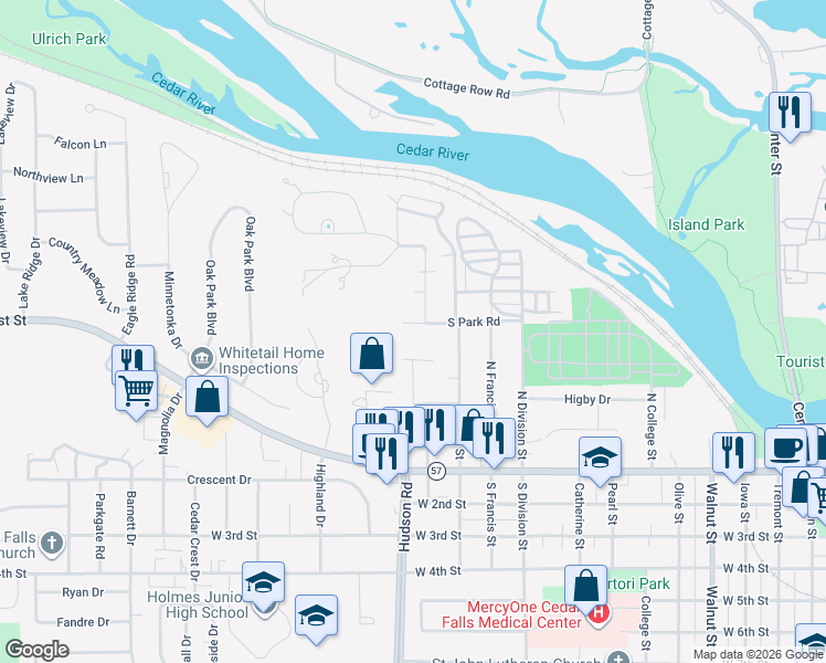 map of restaurants, bars, coffee shops, grocery stores, and more near 1603-1605 Linda Drive in Cedar Falls