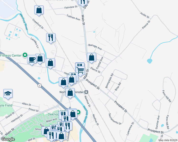 map of restaurants, bars, coffee shops, grocery stores, and more near 593 Main Street in Leominster