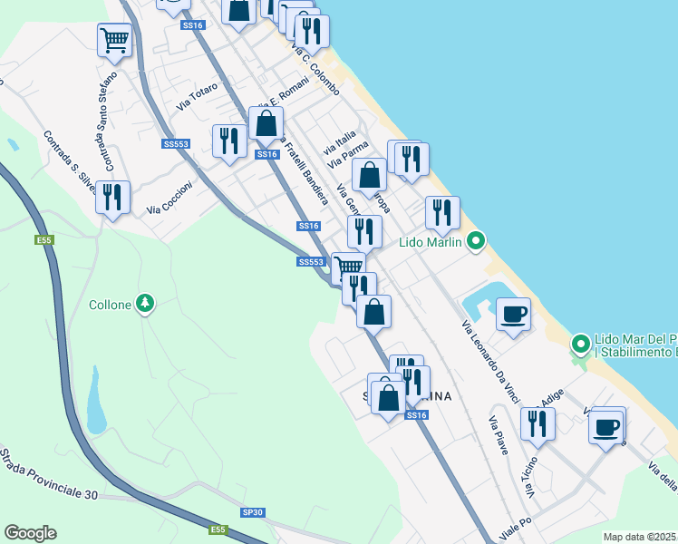map of restaurants, bars, coffee shops, grocery stores, and more near 56 Via Dante Alighieri in Silvi