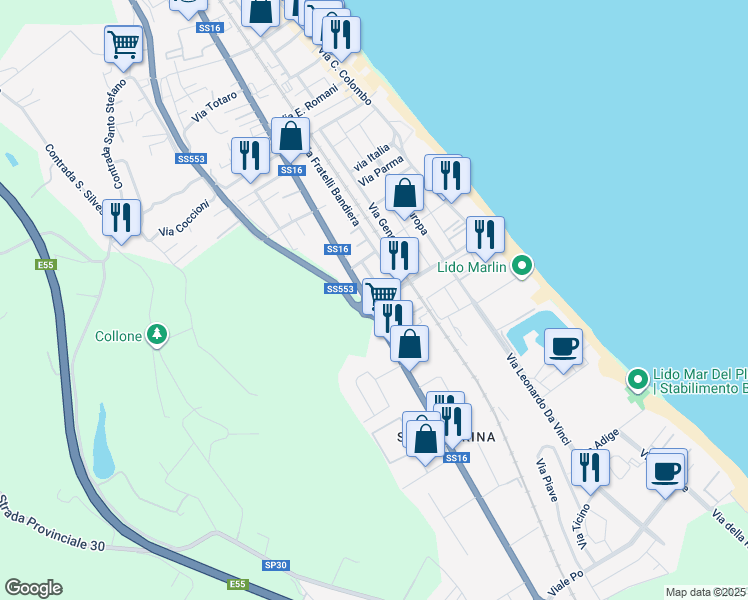 map of restaurants, bars, coffee shops, grocery stores, and more near 56 Via Dante Alighieri in Silvi