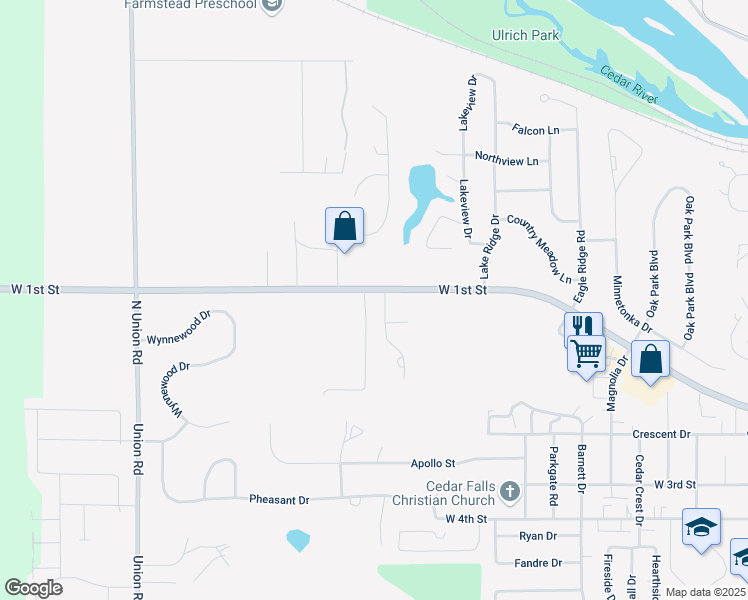 map of restaurants, bars, coffee shops, grocery stores, and more near 445-519 Winding Ridge Rd in Cedar Falls