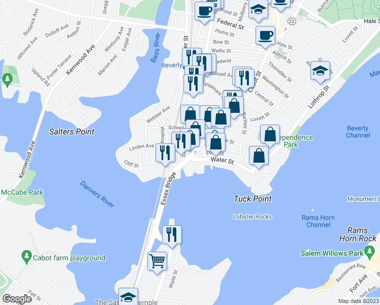 map of restaurants, bars, coffee shops, grocery stores, and more near 28 Cabot Street in Beverly