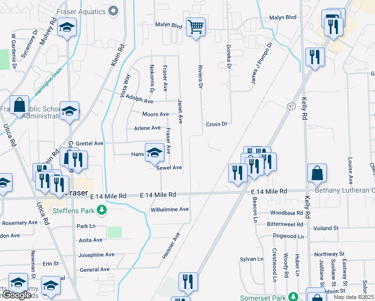 map of restaurants, bars, coffee shops, grocery stores, and more near 33160 Janet Avenue in Fraser