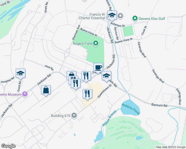 map of restaurants, bars, coffee shops, grocery stores, and more near 3 Walnut Street in Devens