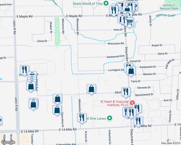 map of restaurants, bars, coffee shops, grocery stores, and more near 2718 Lovington Drive in Troy