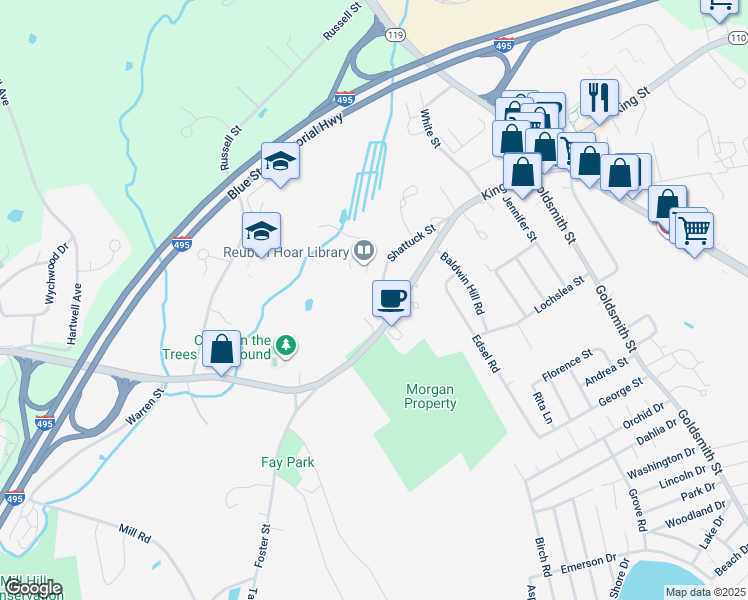 map of restaurants, bars, coffee shops, grocery stores, and more near 41 Shattuck Street in Littleton