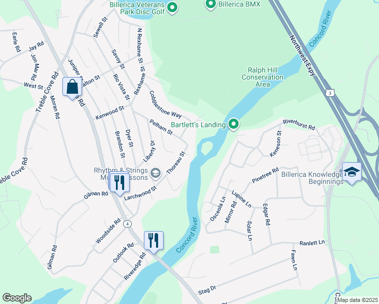 map of restaurants, bars, coffee shops, grocery stores, and more near 8 Thoreau Street in Billerica