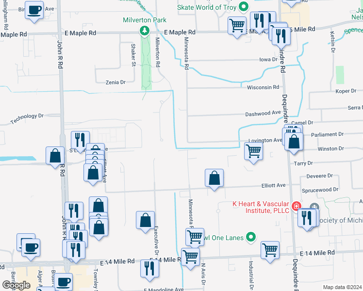 map of restaurants, bars, coffee shops, grocery stores, and more near 701 Minnesota Drive in Troy