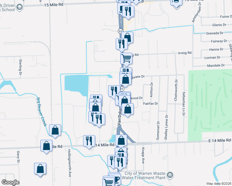 map of restaurants, bars, coffee shops, grocery stores, and more near 33703 Van Dyke Avenue in Sterling Heights