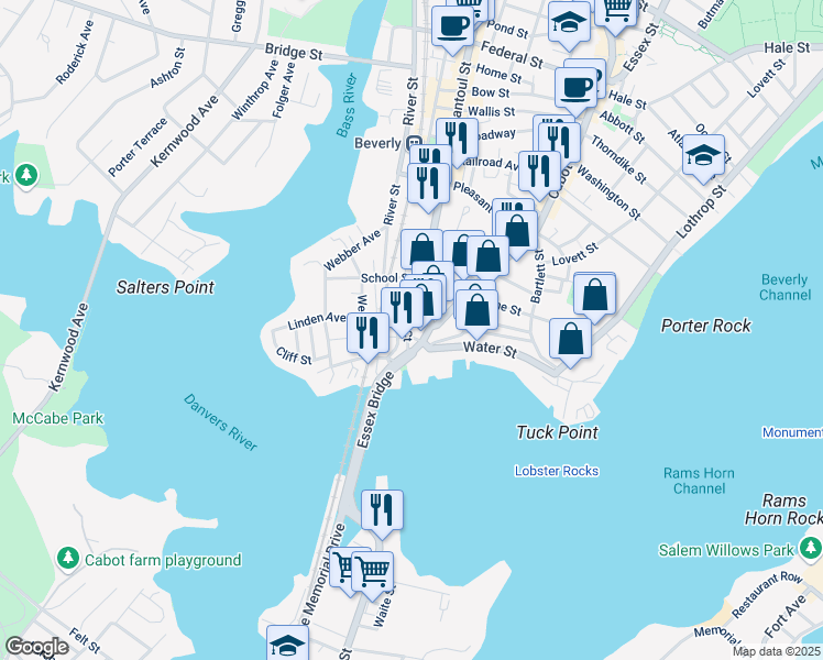 map of restaurants, bars, coffee shops, grocery stores, and more near 9 Cox Court in Beverly