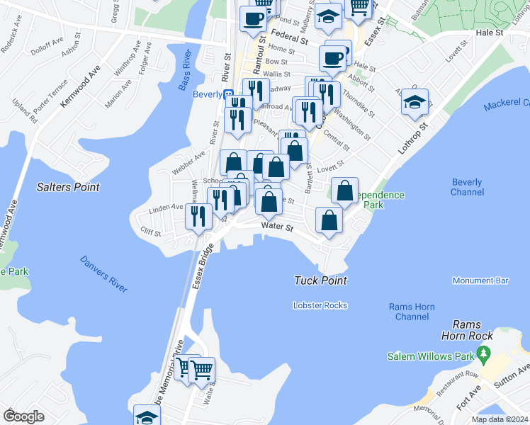 map of restaurants, bars, coffee shops, grocery stores, and more near 15 Front Street in Beverly