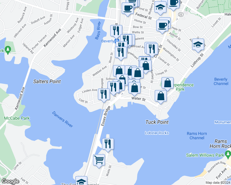 map of restaurants, bars, coffee shops, grocery stores, and more near 24 Cabot Street in Beverly