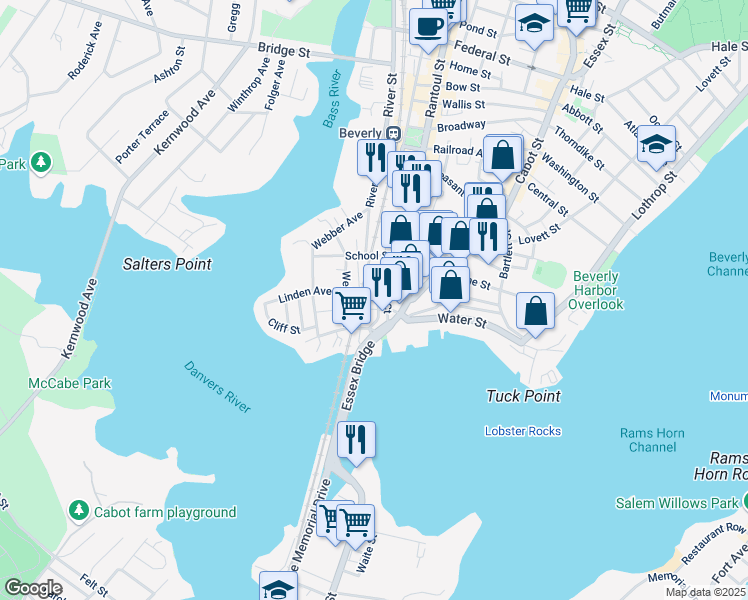 map of restaurants, bars, coffee shops, grocery stores, and more near 8 Cabot Street in Beverly