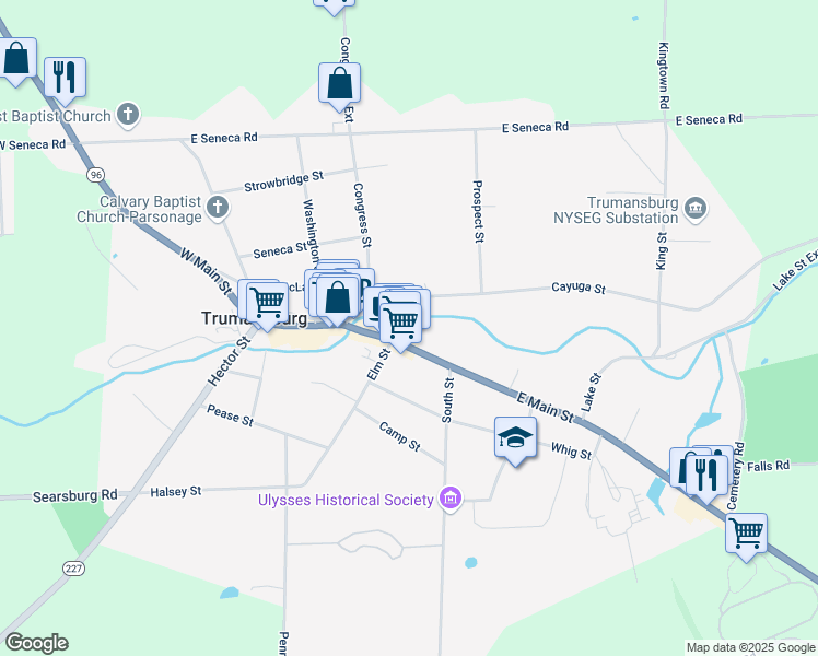 map of restaurants, bars, coffee shops, grocery stores, and more near 50 East Main Street in Trumansburg