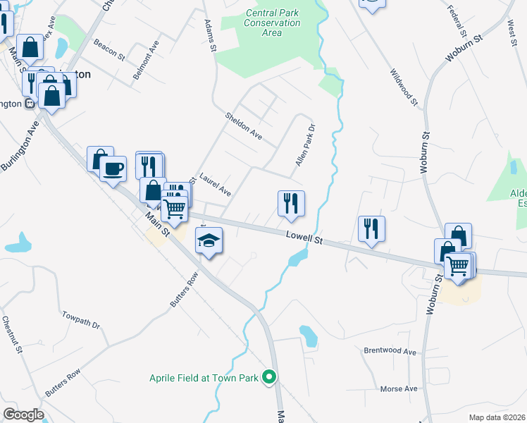 map of restaurants, bars, coffee shops, grocery stores, and more near 90 Massachusetts 129 in Wilmington