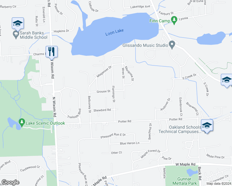 map of restaurants, bars, coffee shops, grocery stores, and more near 2955 Grouse Street in Wixom