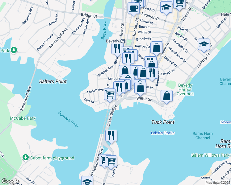 map of restaurants, bars, coffee shops, grocery stores, and more near 12 Summit Avenue in Beverly