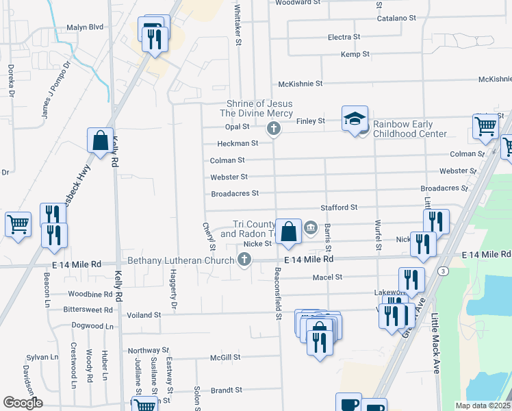map of restaurants, bars, coffee shops, grocery stores, and more near 19565 Stafford Street in Charter Township of Clinton
