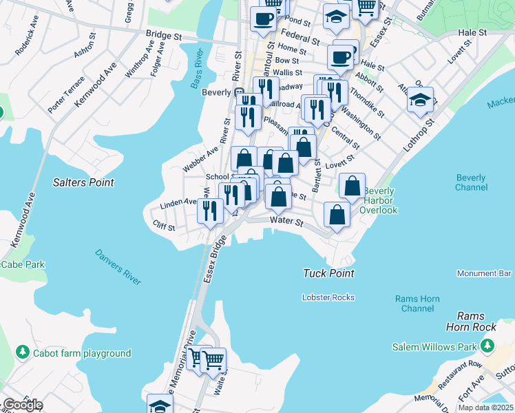 map of restaurants, bars, coffee shops, grocery stores, and more near 31 Cabot Street in Beverly