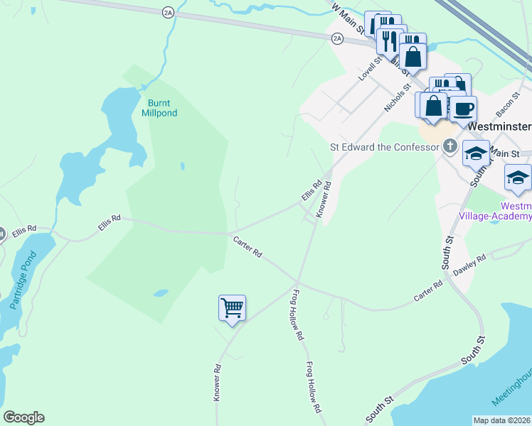 map of restaurants, bars, coffee shops, grocery stores, and more near 26 Ellis Road in Westminster