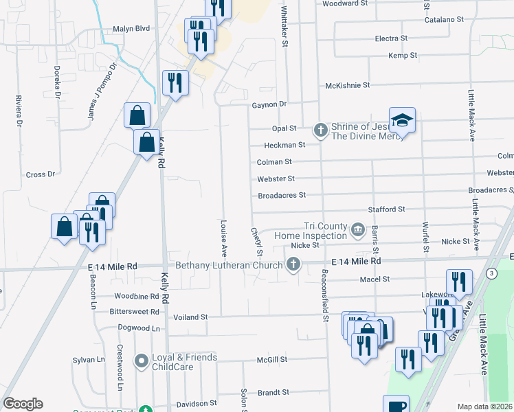 map of restaurants, bars, coffee shops, grocery stores, and more near 33341 Cheryl Street in Clinton Township