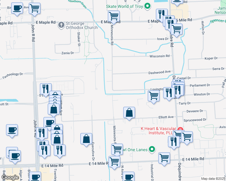 map of restaurants, bars, coffee shops, grocery stores, and more near 2614 Lovington Drive in Troy