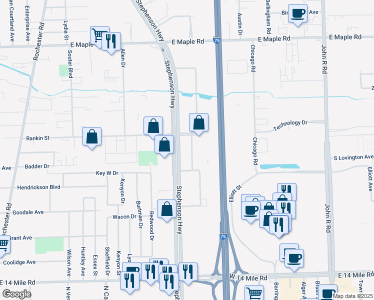 map of restaurants, bars, coffee shops, grocery stores, and more near 800 Stephenson Highway in Troy