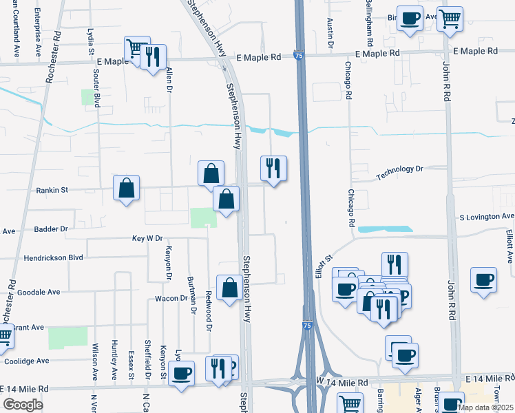 map of restaurants, bars, coffee shops, grocery stores, and more near 800 Stephenson Highway in Troy