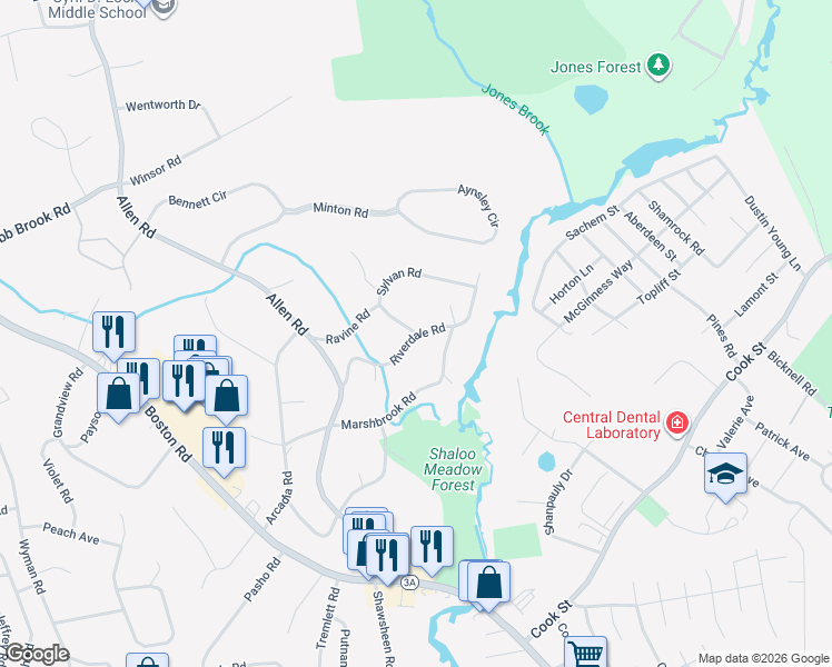 map of restaurants, bars, coffee shops, grocery stores, and more near Riverdale Road in Billerica