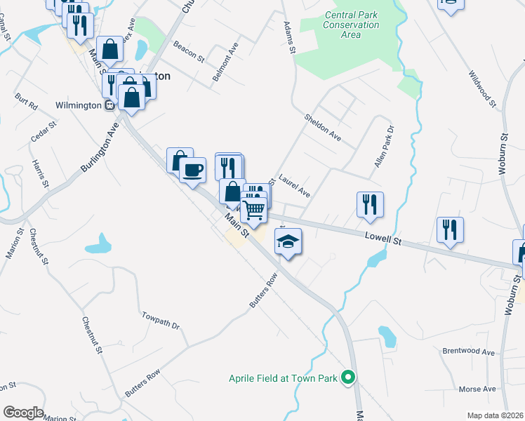 map of restaurants, bars, coffee shops, grocery stores, and more near 57 Massachusetts 129 in Wilmington