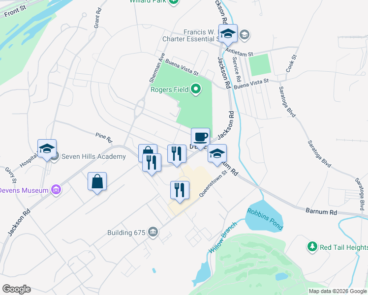 map of restaurants, bars, coffee shops, grocery stores, and more near 5 Walnut Street in Devens