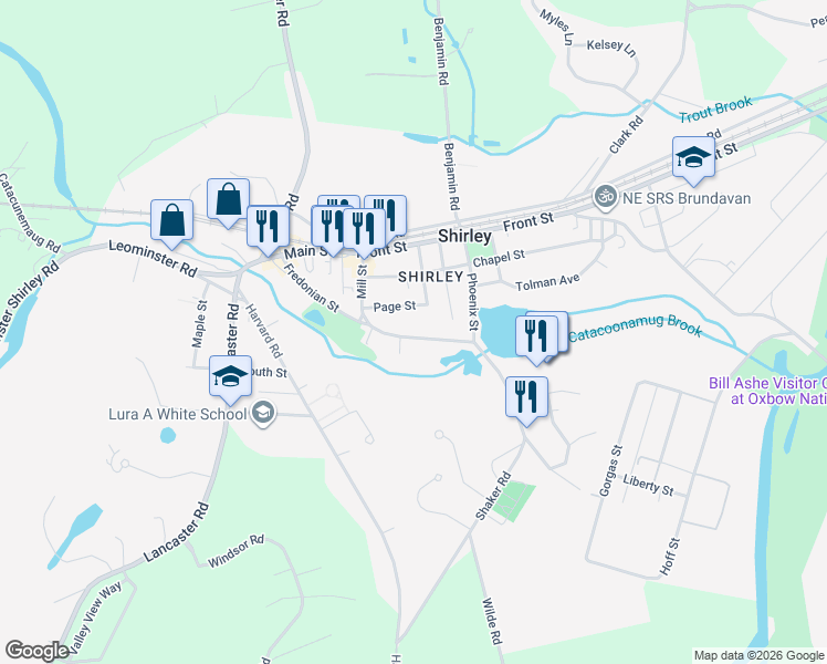 map of restaurants, bars, coffee shops, grocery stores, and more near 39 Fredonian Street in Shirley
