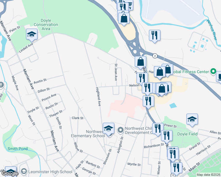 map of restaurants, bars, coffee shops, grocery stores, and more near 37 Dimassa Drive in Leominster