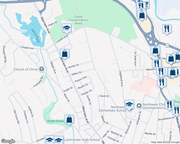 map of restaurants, bars, coffee shops, grocery stores, and more near 74 Posco Avenue in Leominster