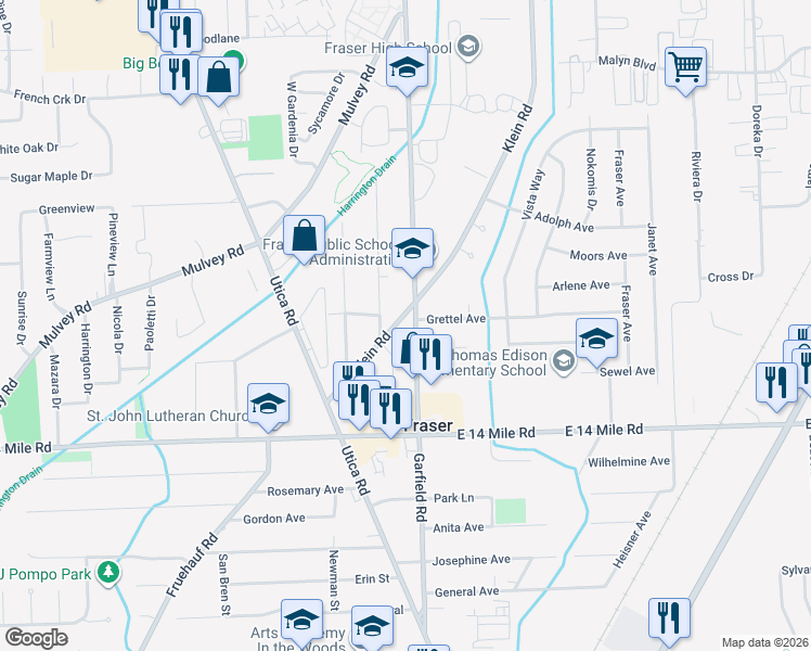 map of restaurants, bars, coffee shops, grocery stores, and more near 33111 Garfield Road in Fraser