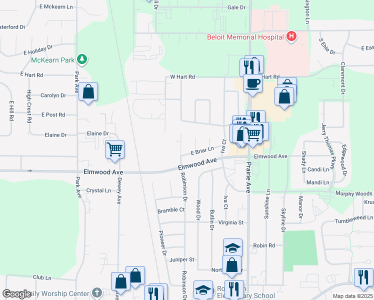 map of restaurants, bars, coffee shops, grocery stores, and more near 2576 Robinson Drive in Beloit