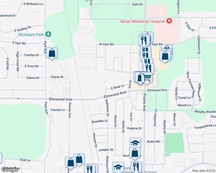 map of restaurants, bars, coffee shops, grocery stores, and more near 2576 Robinson Drive in Beloit