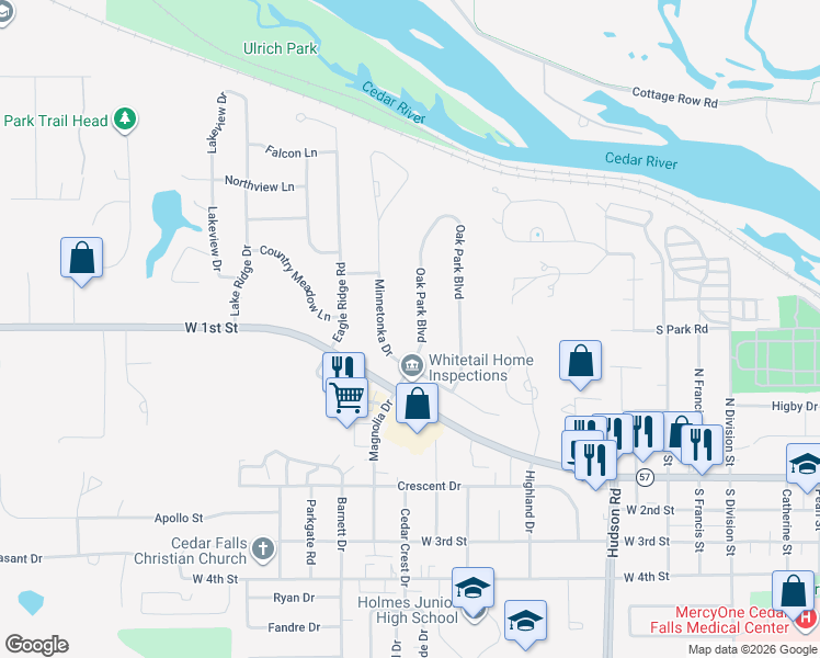 map of restaurants, bars, coffee shops, grocery stores, and more near 1329 Oak Park Boulevard in Cedar Falls