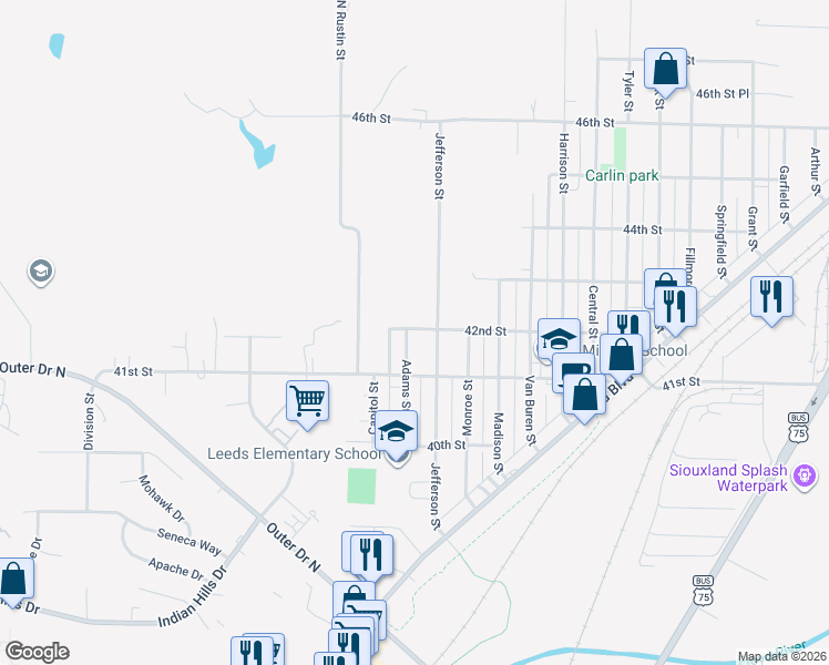 map of restaurants, bars, coffee shops, grocery stores, and more near 4101-4199 Adams Street in Sioux City