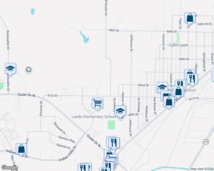 map of restaurants, bars, coffee shops, grocery stores, and more near 4100-4218 North Rustin Street in Sioux City