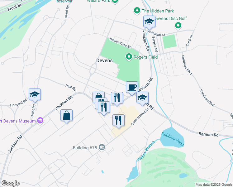 map of restaurants, bars, coffee shops, grocery stores, and more near 11 Walnut Street in Devens