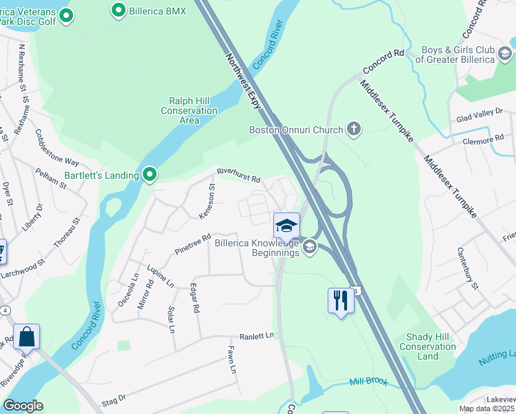 map of restaurants, bars, coffee shops, grocery stores, and more near 5 Pinetree Road in Billerica