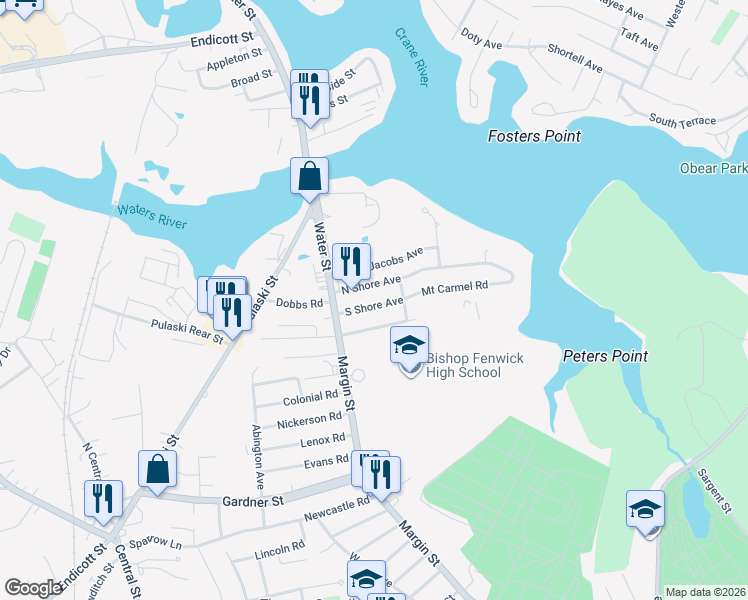 map of restaurants, bars, coffee shops, grocery stores, and more near 16 Margin Terrace in Peabody