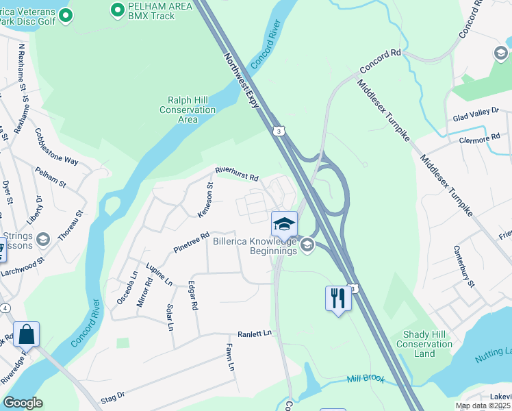 map of restaurants, bars, coffee shops, grocery stores, and more near 4 Riverhurst Road in Billerica