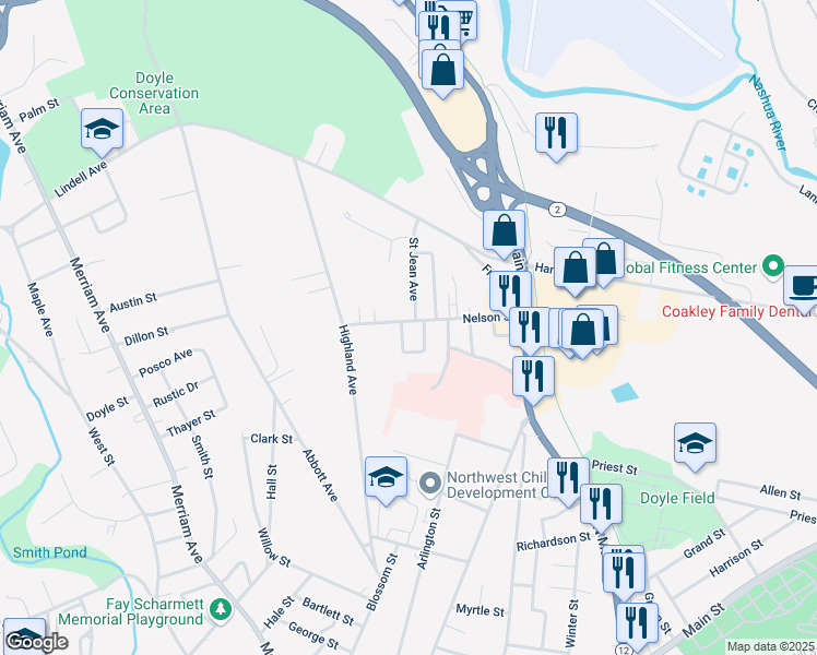 map of restaurants, bars, coffee shops, grocery stores, and more near 37 Dimassa Drive in Leominster