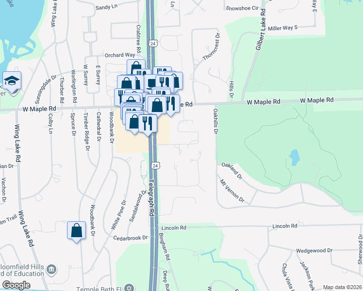 map of restaurants, bars, coffee shops, grocery stores, and more near 4059 Country Club Drive in Bloomfield Hills
