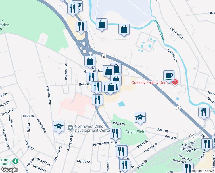 map of restaurants, bars, coffee shops, grocery stores, and more near 289 North Main Street in Leominster
