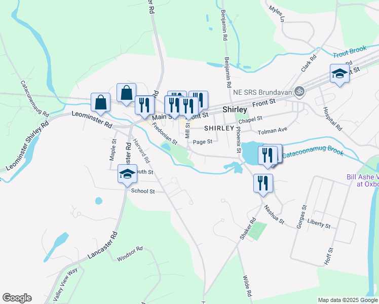 map of restaurants, bars, coffee shops, grocery stores, and more near 27 Fredonian Street in Shirley